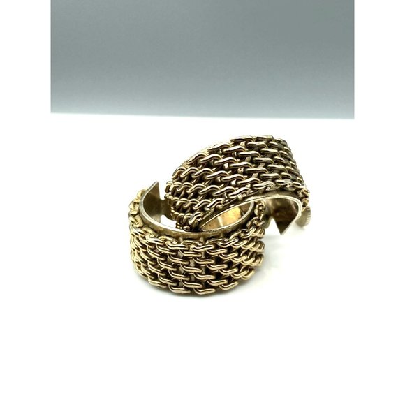 Chain Maille Covered Hoop Earrings, Vintage Mesh on Wide Band Gold Tone Screw - Picture 2 of 5
